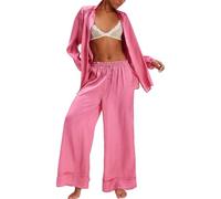 Pyjama en satin de soie pour femme, ensemble de pyjama en satin confortable et respirant, coupe ample, haut à manches longues et pantalon à jambes larges, vêtements de nuit longs et doux, rose gold, S