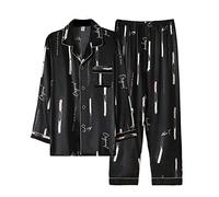 Pyjama en Satin De Soie pour Hommes À Manches Longues Impression Loungewear 2 Pièces Vêtements De Nuit Boutonné PJ Set M-4XL,Pj2,XL