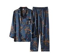 Pyjama en Satin De Soie pour Hommes À Manches Longues Impression Loungewear 2 Pièces Vêtements De Nuit Boutonné PJ Set M-4XL,Pj1,XL