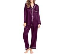 Pyjama en satin pour femme - Grande taille - Ensemble de pyjama 2 pièces à manches longues - Coupe ample - Léger - Col en V boutonné - Poches avant - Pyjama assorti - Pyjama confortable, violet, 6XL