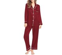 Pyjama en satin pour femme - Grande taille - Ensemble de pyjama 2 pièces à manches longues - Coupe ample - Léger - Col en V boutonné - Poches avant - Pyjama assorti - Pyjama confortable, bordeaux, L