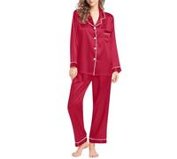 Pyjama en satin pour femme - Grande taille - Ensemble de pyjama 2 pièces à manches longues - Coupe ample - Léger - Col en V boutonné - Poches avant - Pyjama assorti - Pyjama confortable, rouge