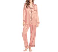 Pyjama en satin pour femme - Grande taille - Ensemble de pyjama 2 pièces à manches longues - Coupe ample - Léger - Col en V boutonné - Poches avant - Pyjama assorti - Pyjama confortable, rose gold