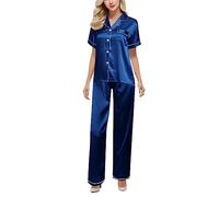 Pyjama en soie pour femme, haut à manches courtes et pantalon long en satin doux, ensemble pyjama boutonné pour toutes les saisons