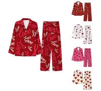 Pyjama en tissu éponge pour femme - Hiver - Revers - Saint-Valentin - Amour - Cœur imprimé - Pyjama baggy - 2 pièces - Confortable - Vêtement de détente - Jambe large - Vêtement de nuit mignon - Tenue
