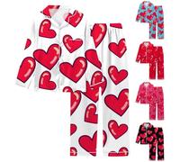 Pyjama en tissu éponge pour femme - Long revers - Saint-Valentin - Amour - Cœur imprimé - Pyjama baggy - 2 pièces - Confortable - Vêtement de détente - Jambe large - Vêtement de nuit mignon - Tenue