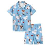 Pyjama Enfant Ensemble de Pyjama pour Filles,Short à Manches Courtes et imprimé Chien de Dessin animé,Tenue décontractée et Confortable pour Tout-Petits Adolescents(Sky Blue,4-5 Ans)