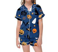 Pyjama Enfant Fille Halloween Ensembles Casual Doux Léger Imprimés Citrouille Manches Courtes Haut avec Boutonné Pyjamas Satin et Short Taille Elastique Décontractés Ensembles de (03 Blue, 6-7 Years)