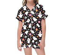 Pyjama Enfant Fille Halloween Ensembles Casual Doux Léger Imprimés Citrouille Manches Courtes Haut avec Boutonné Pyjamas Satin et Short Taille Elastique Décontractés Ensembles (06 Black, 10-11 Years)
