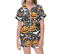 Pyjama Enfant Fille Halloween Ensembles Casual Doux Léger Imprimés Citrouille Manches Courtes Haut avec Boutonné Pyjamas Satin et Short Taille Elastique Décontractés (04 Dark Gray, 8-9 Years)