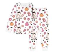 Pyjama Enfant fille halloween hiver chaud Kawaii mignon 2-10 ans, ensembles de pajama set manches longues et pantalon long fleurs fantôme Imprimé, vêtements de nuit pour enfants (White, 6-7 Years)