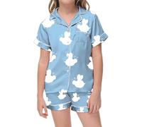 Pyjama Enfant Garcon Ensemble De Pyjamas Manches Courtes avec Haut et Short 2 Pièces en Soie Boutonné Ensembles imprimés Mignons Coton Mignonne Dinosaure Bébé Ado Fille