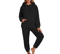 Pyjama Ensemble Chaude pour Femmes Hiver Polaire Sweatshirt Manches Longues à Chapeau avec Poches + Pantalon Décontracté Grande Taille Chauds Confortables Couleur Unie Tenue D'Intérieur (Black, 3XL)