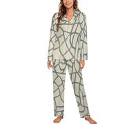 Pyjama Femme Beige Ensemble de Pyjama Femme Automne Doux Vêtements de Nuit Haut à Manches Longues Texture De Lignes Grises Géométriques Abstraites et Pantalon avec Poches 2 Pièces Sleepwear XXL