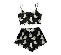 Pyjama Femme Carreaux sans Manches Ensemble Débardeur et Short pour Femmes Vêtements d'intérieur décontractés Imprimé Halloween Vêtements de tous les jours Confortable Chemise de nuit Halloween, Noir