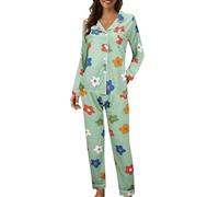 Pyjama Femme Chaud Et Doux, Ensemble Pyjama Femme Confortable Deux PièCes Manches Longues Imprimé Boutonnage DéContracté Doux pour Nuits Reposantes