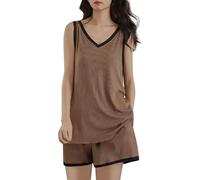 Pyjama Femme Coton Ensemble Ete Pantacourt Satin Réglable Manches Courtes Vêtements de Nuit Ice Silk Pyjashort Short Rayé Ou Doux Confortable