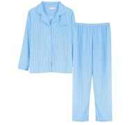 Pyjama Femme Coton Ensembles 2 Pcs Pijamas Coton Mi Saison Sleepwear Womens Casual Leger Sets Pijama Manches Longues Boutonnee Debardeur Pantalon Deguisement Bleu Ensemble Homewear