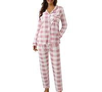 Pyjama Femme Coton Ensembles Deux Pièces Pjs Coton Mi Saison Homewear Womens Grande Taille Chic Set Pyjamas Manches Longues Boutonne Haut Pantalon Vetement Rouge Ensemble Sleepwear