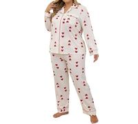 Pyjama Femme Coton Ensembles Deux Pièces Pjs Coton Mi Saison Homewear Womens Grande Taille Chic Set Pyjamas Manches Longues Boutonne Haut Pantalon Vetement Rouge Ensemble Sleepwear