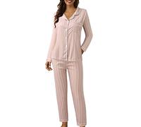 Pyjama Femme Coton Ensembles Deux Pièces Pjs Coton Mi Saison Homewear Womens Grande Taille Chic Set Pyjamas Manches Longues Boutonne Haut Pantalon Vetement Rouge Ensemble Sleepwear