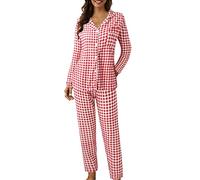 Pyjama Femme Coton Ensembles Deux Pièces Pjs Coton Mi Saison Homewear Womens Grande Taille Chic Set Pyjamas Manches Longues Boutonne Haut Pantalon Vetement Rouge Ensemble Sleepwear