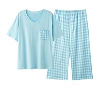 Pyjama Femme Coton Ete Pantalon Short Taille Haute Ensemble 2 Pieces Manches Courtes Grande Bas De Vêtements Nuit Été Col V Léger En À Longues Ensembles Pantacourt Satin Pièces Court,g-Bleu clair,5XL