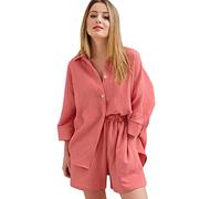 Pyjama Femme Coton Ete,Pyjama Boutonné For Femmes Ensemble De Vêtements De Nuit À Manches Longues Mariée Doux Pj Ensembles De Salon 100% Coton Vêtements De Nuit En Lin ( Color : Orange , Size : M )