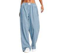 Pyjama Femme Coton Lin - Pantalon Fluide Été Bas de Pyjama à Carreaux Taille Elastique Pantalons de Nuit avec Poches Ample Jambe Droite Pantacourt Yoga Décontracté Pyjamas Léger Grande Taille