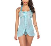 Pyjama Femme Dentelle Perspective Vêtements Sexy Coupe Basse Pendre Le Cou Sex Mode Lingerie Érotique F-Light Blue XXL
