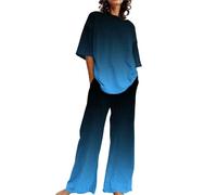 Pyjama Femme Ensemble 2 pièces pour Femmes, col Rond, Ample, Manches Courtes, imprimé Floral, Chemise Haute avec Pantalon, Grande Taille, été Pyjama Femme Rigolo Pyjama Polaire Femmes (Sky Blue, L)