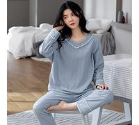 Pyjama Femme,Ensemble De Pyjama 2 Pièces en Coton À La Mode pour Femmes, Printemps Et Automne, Taille Plus Ample Bleu À Manches Longues + Pantalon, Vêtements De Maison Décontractés À Col Ron