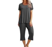 Pyjama Femme Ensemble De Pyjama Femme Taille 48 Vêtement De Nuit Top Manche Courte + Pantalon 3/4 Confortable Et Doux Pour Femme Pyjama 2 Pièces Fluide Imprimé/couleur Unie Pyjama