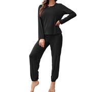 Pyjama Femme Ensemble Doux Manches Longues Col Rond Tenue de Nuit Unicolore Haut Confortable et Pantalon Long Automne Hiver Vêtements de Détente