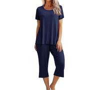 Pyjama Femme Ensemble Pyjama Femme Coton Lingerie Avec Haut Manche Courte Et Pantalon Capri 3/4 Grande Taille Pas Cher Sleepwear Idéal Pour Printemps-Été Coupe Ample Tenue De Nuit