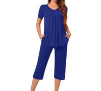 Pyjama Femme Ensemble Pyjama Femme Coton Lingerie Avec Haut Manche Courte Et Pantalon Capri 3/4 Grande Taille Pas Cher Sleepwear Idéal Pour Printemps-Été Coupe Ample Tenue De Nuit
