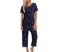 Pyjama Femme Ensemble Pyjama Femme Coton Lingerie avec Haut Manche Courte Et Pantalon Capri 3/4 Grande Taille Pas Cher Sleepwear Idéal pour Printemps-Été Coupe Ample Tenue De Nuit