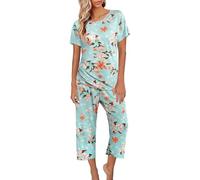 Pyjama Femme Ensemble Pyjama Femme Coton Lingerie avec Haut Manche Courte Et Pantalon Capri 3/4 Grande Taille Pas Cher Sleepwear Idéal pour Printemps-Été Coupe Ample Tenue De Nuit
