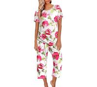 Pyjama Femme Ete Bermuda Ensemble Pyjama Femme 2 Pieces Pyjama 2 Pièces Haut Manche Courte Et Pantalon 3/4 Décontractée Fluide Sleepwear Grande Taille Pas Cher Vêtement De Nuit