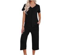Pyjama Femme Été Coton Ensemble Pyjama Femme Lingerie Top À Manches Courtes Et 3/4 Pantacourt 3/4 Pas Cher Imprimé/couleur Unie Pyjama Idéal Pour Printemps-Été Fluide Sleepwear