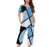 Pyjama Femme Été Coton Ensemble Pyjama Femme Lingerie Top À Manches Courtes Et 3/4 Pantacourt 3/4 Pas Cher Imprimé/Couleur Unie Pyjamas Idéal pour Printemps-Été Fluide Sleepwear