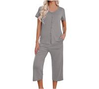 Pyjama Femme Été Coton Ensemble Pyjama Femme Lingerie Top À Manches Courtes Et 3/4 Pantacourt 3/4 Pas Cher Imprimé/couleur Unie Pyjama Idéal Pour Printemps-Été Fluide Sleepwear