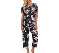 Pyjama Femme Ete Coton Sexy Ensemble De Pyjama Femme Pantalon Pyjama Avec Haut Manche Courte Et Pantalon Capri 3/4 Grande Taille Fluide Sleepwear Imprimé/couleur Unie Pas Cher Vêtement De Nuit