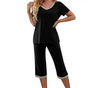 Pyjama Femme Ete Coton Sexy Ensemble De Pyjama Femme Pantalon Pyjama Avec Haut Manche Courte Et Pantalon Capri 3/4 Grande Taille Fluide Sleepwear Imprimé/couleur Unie Pas Cher Vêtement De Nuit