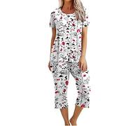 Pyjama Femme Ete Coton Sexy Ensemble De Pyjama Femme Pantalon Pyjama Avec Haut Manche Courte Et Pantalon Capri 3/4 Grande Taille Fluide Sleepwear Imprimé/couleur Unie Pas Cher Vêtement De Nuit