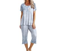 Pyjama Femme Ete Coton Sexy Ensemble Pyjama 2 Pièces pour Femme Vêtement De Nuit T-Shirt Top Manche Courte + Pantalon 3/4 Léger Et Respirant Coupe Ample Tenue De Nuit Pas Cher Grande Taille Pyjama