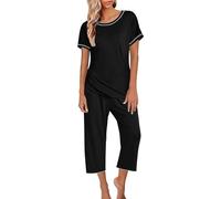 Pyjama Femme Ete Ensemble Pyjama Femme 2 Pieces Vêtement De Nuit Top Manche Courte & Pantalon 3/4 Idéal pour Printemps-Été Grande Taille Lingerie Imprimé/Couleur Unie Léger Et Respirant Pyjama