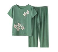 Pyjama Femme Ete,Ensemble Pyjama Femme Grande Taille 2 PièCes VêTements De DéTente Impression Offset Ample Haut à Manches Courtes Et Pantalon Court à Jambes Larges
