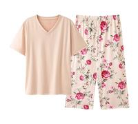 Pyjama Femme Ete Grande Taille Ensemble Satin Bas De Pantacourt Été Pantalon Haute 2 Pièces En Coton À Manches Longues Col V Short Courtes Court Pieces Pijamas Vêtements Nuit Léger Chic,d-Beige,XL