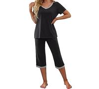 Pyjama Femme Ete Pas Cher Ensemble Pyjama 2 Pièces pour Femme Pyjama Top À Manches Courtes Et 3/4 Pantacourt 3/4 Chic Elegant Fluide Vêtement De Nuit Idéal pour Printemps-Été Grande Taille Sleepwear